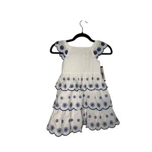 Counting Daisies Girls Tiered Dress‎ White Blue Flower Embroidery 5T Toddler